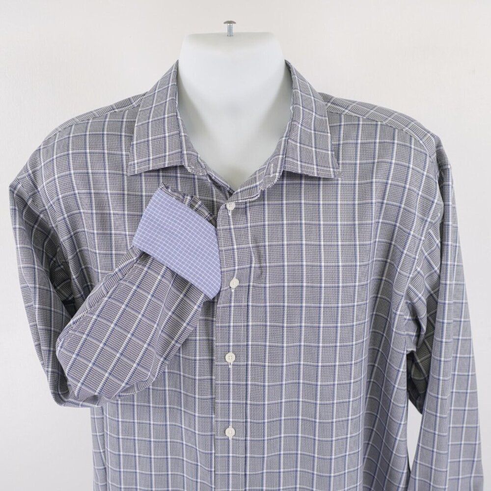 Jos A Bank Reserve Collared Dress Shirt XL Gray Blue Plaid Flip Cuff Egyptian Co